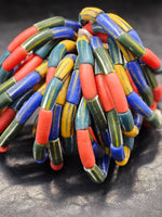 Painted African Recycled Glass Beads - Long Tube Beads #1701