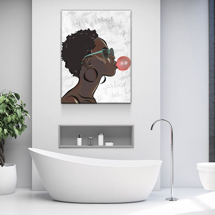 Black Girl With Bubble Gum Canvas Wall Art, Black Art, African American Art, African American Blowing Bubble, Home Decor Wall Art