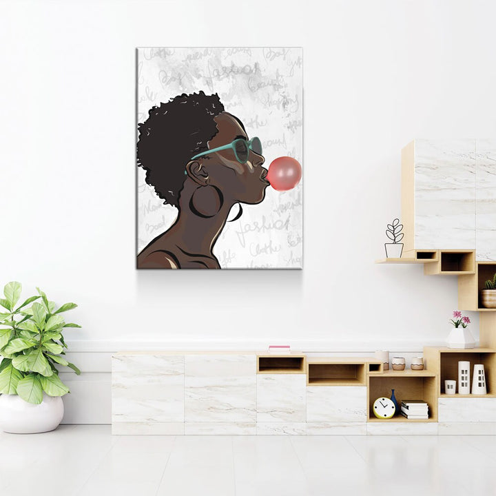 Black Girl With Bubble Gum Canvas Wall Art, Black Art, African American Art, African American Blowing Bubble, Home Decor Wall Art