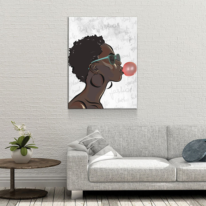 Black Girl With Bubble Gum Canvas Wall Art, Black Art, African American Art, African American Blowing Bubble, Home Decor Wall Art