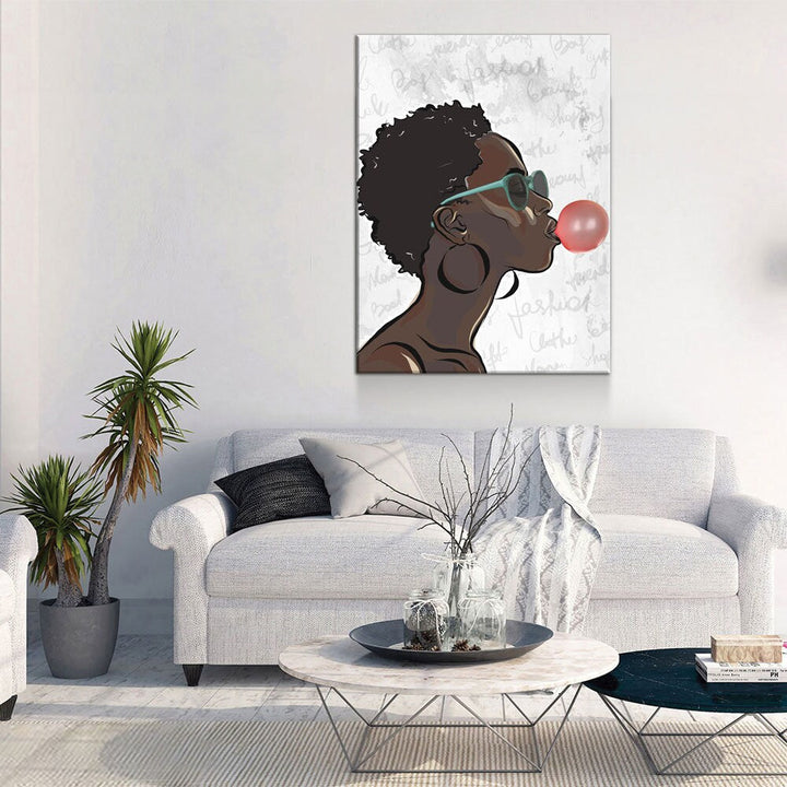 Black Girl With Bubble Gum Canvas Wall Art, Black Art, African American Art, African American Blowing Bubble, Home Decor Wall Art