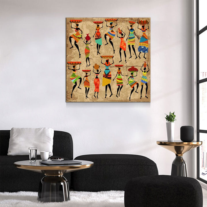 African Women Canvas Wall Art, African Tribal Art, African Decor, African Art, Grunge Ethnic Art, Dancing African Ladies