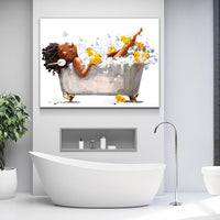 African American Woman In Bathtub With Headphones Canvas Wall Art, African Girl In Tub With Yellow Ducks