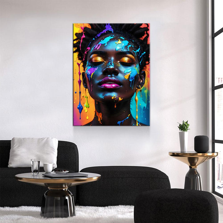 Black Girl With Paint Splatter Canvas Wall Art, African American Fashion Print, Beautiful Woman Print, Fashion Paint Makeup, Salon Decor