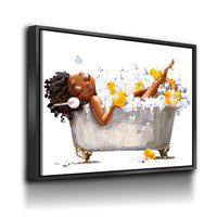 African American Woman In Bathtub With Headphones Canvas Wall Art, African Girl In Tub With Yellow Ducks