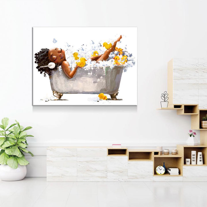 African American Woman In Bathtub With Headphones Canvas Wall Art, African Girl In Tub With Yellow Ducks