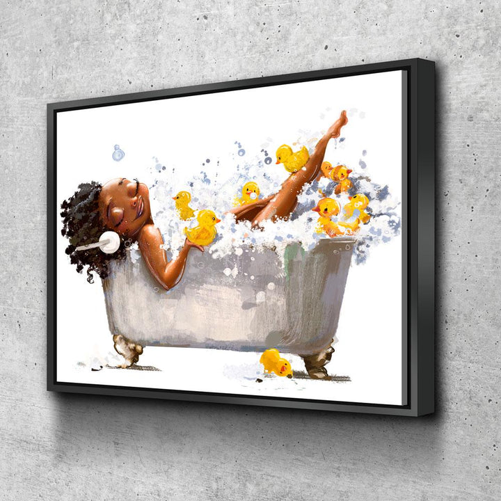 African American Woman In Bathtub With Headphones Canvas Wall Art, African Girl In Tub With Yellow Ducks