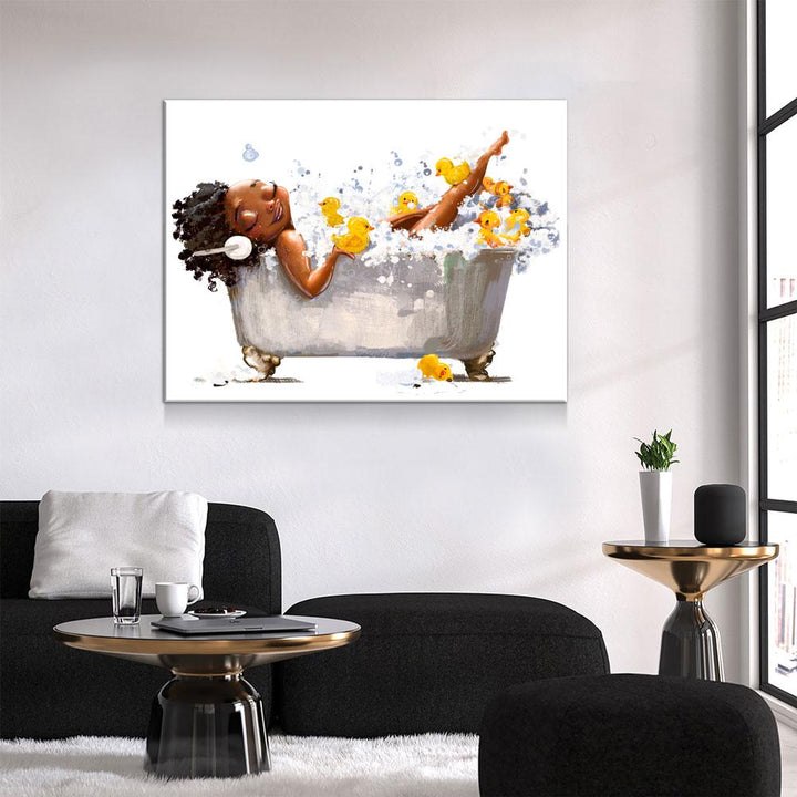 African American Woman In Bathtub With Headphones Canvas Wall Art, African Girl In Tub With Yellow Ducks