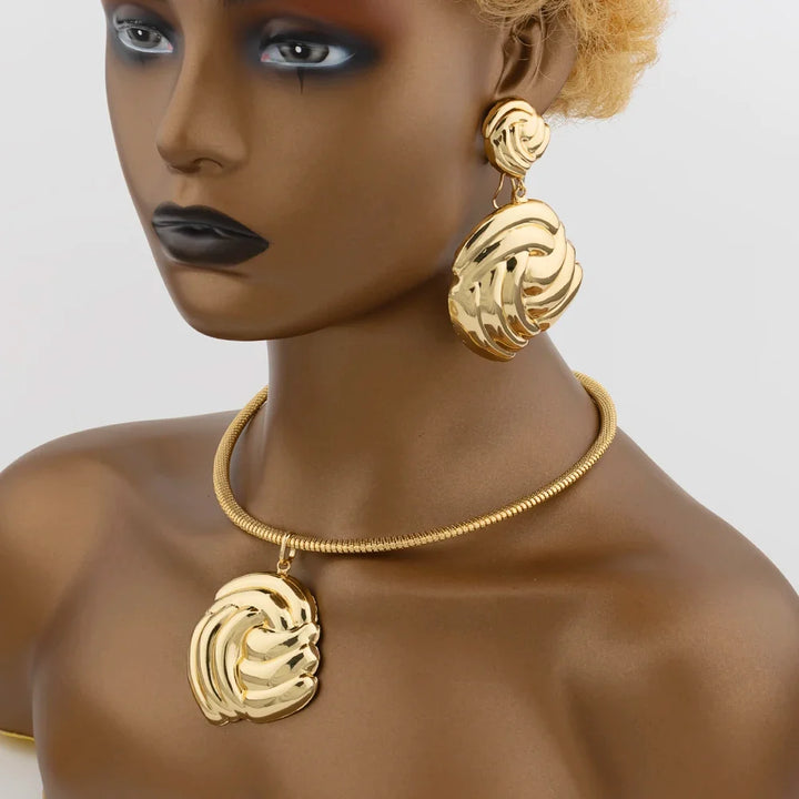 Luxury Female Jewelry Set Gold Color Necklace Big Circle Earrings Bangle Ring for Fashion Women Dubai African Party Jewelry