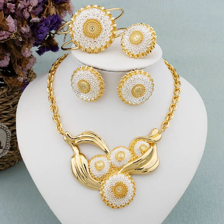 Luxury Female Jewelry Set Gold Color Necklace Big Circle Earrings Bangle Ring for Fashion Women Dubai African Party Jewelry