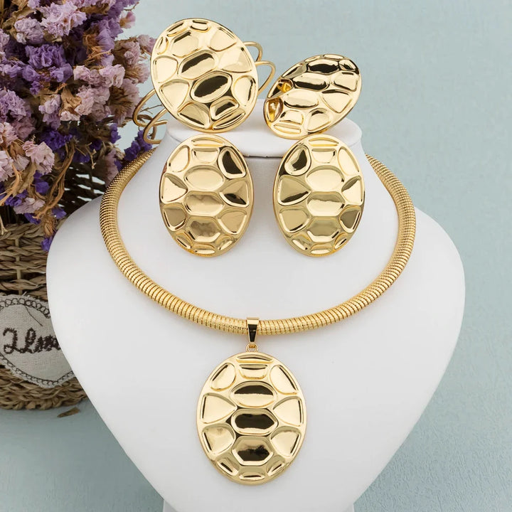 Luxury Female Jewelry Set Gold Color Necklace Big Circle Earrings Bangle Ring for Fashion Women Dubai African Party Jewelry