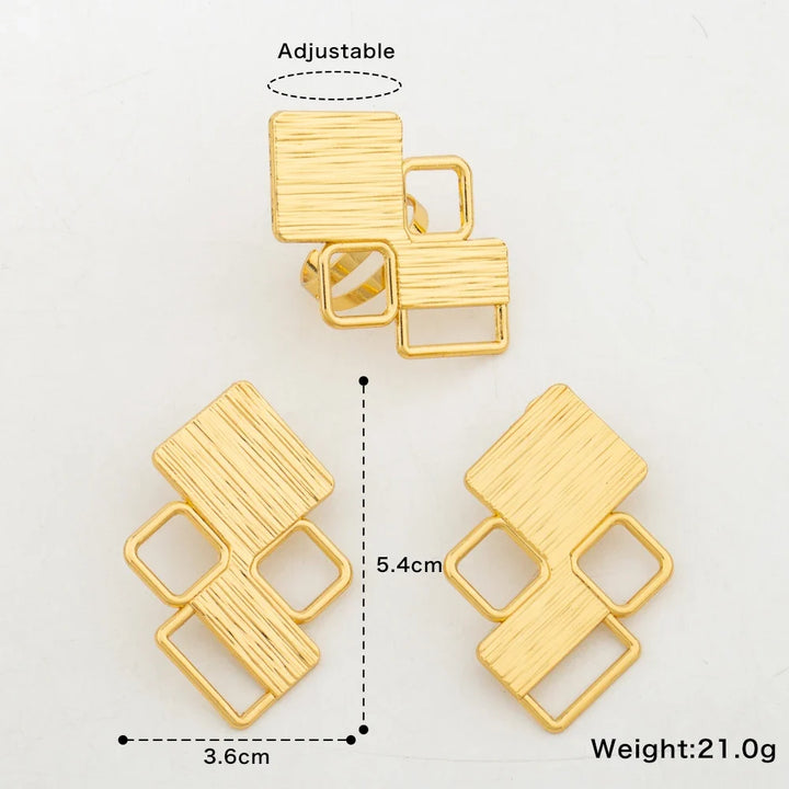 18k Gold Color Earrings with Ring Jewelry Set for Bridal African Clip Earrings and Finger Ring 2Pcs Set for Engagement Jewellery