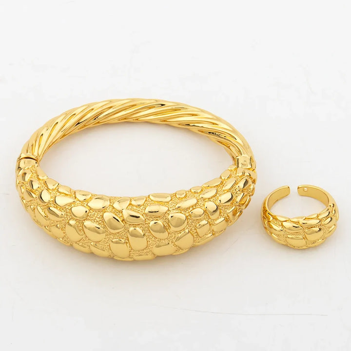 African Gold Color Jewelry Set for Women Large Earrings and Pendant Italian Luxury Necklace Bangle Ring Weddings Jewellery Gift