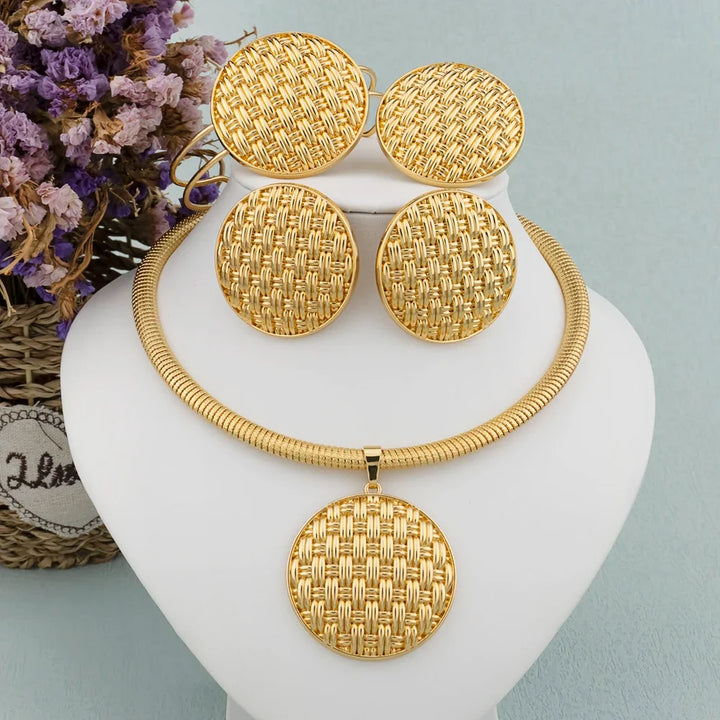 Luxury Female Jewelry Set Gold Color Necklace Big Circle Earrings Bangle Ring for Fashion Women Dubai African Party Jewelry