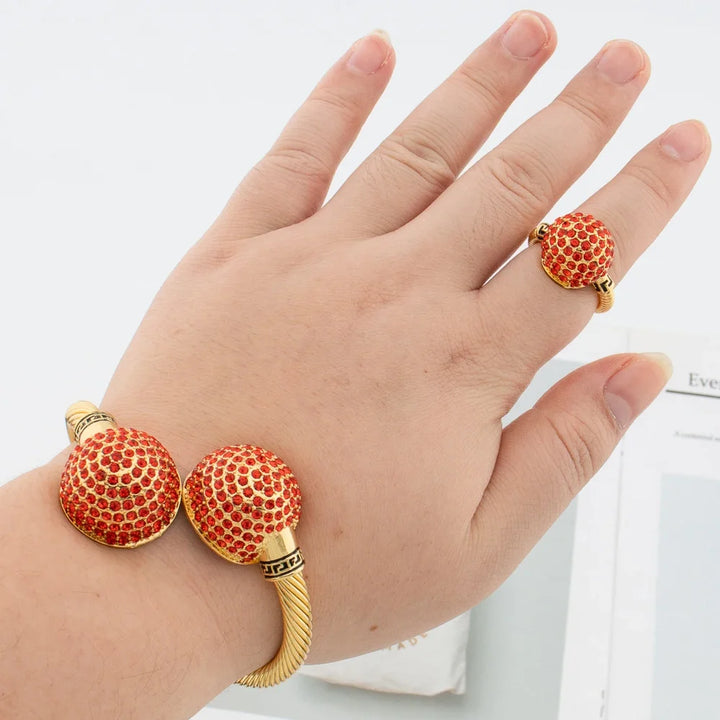 Gold Color Cuff Bracelet and Ring for Dubai African Women Blue Stone Hand Bangle Finger Ring Jewelry Set Wedding Bride Wife Gift