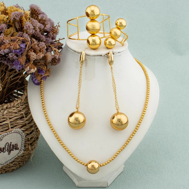 African Fashion 18K Gold Plated Jewelry Set Big Beads Earrings Chain Necklace Dubai Luxury Stud Earrings New Fashion Party Gift