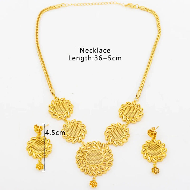 Round Jewelry Set Design for Women African Hot Sale Copper Hoop Earrings Flower Necklace Gold Plated Pendant Party Wedding Gifts
