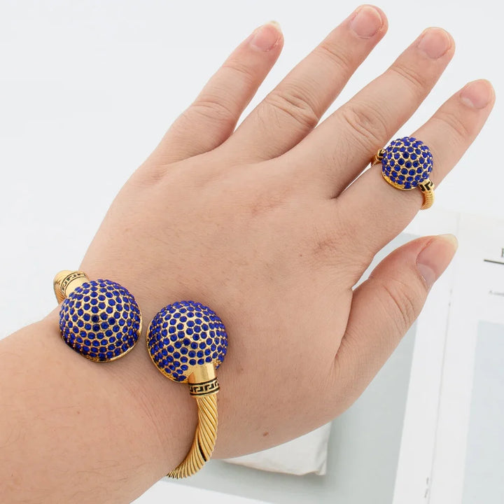 Gold Color Cuff Bracelet and Ring for Dubai African Women Blue Stone Hand Bangle Finger Ring Jewelry Set Wedding Bride Wife Gift