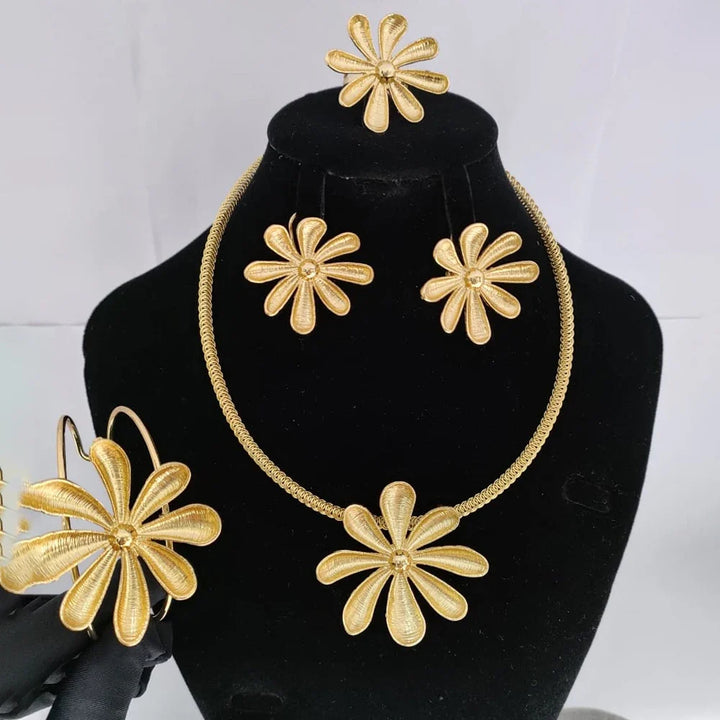 Luxury Female Jewelry Set Gold Color Necklace Big Circle Earrings Bangle Ring for Fashion Women Dubai African Party Jewelry