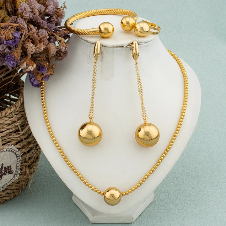African Fashion 18K Gold Plated Jewelry Set Big Beads Earrings Chain Necklace Dubai Luxury Stud Earrings New Fashion Party Gift