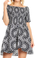 Sakkas Ife Wax African Ankara Colorful Cocktail Short Dress Off-shoulder w/pockets