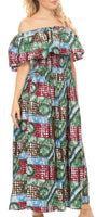 Sakkas Buhle Ruffle Off-shoulder Long Dress Wax African Ankara Dutch Print