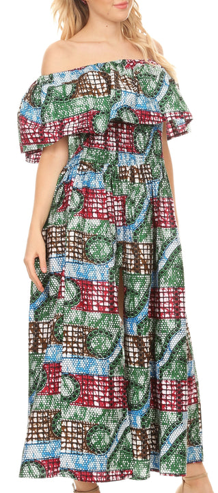 Sakkas Buhle Ruffle Off-shoulder Long Dress Wax African Ankara Dutch Print