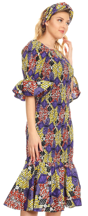 Sakkas Zarah Women's African Ankara Body-con Off shoulder Mermaid Pocket Dress