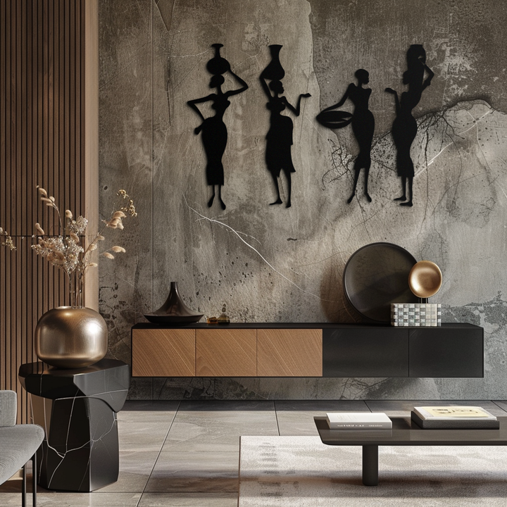 Black Metal African Women Tribal Silhouette Wall Art Four Piece