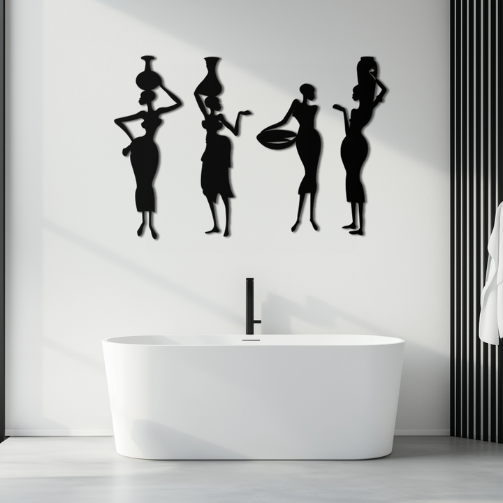 Black Metal African Women Tribal Silhouette Wall Art Four Piece