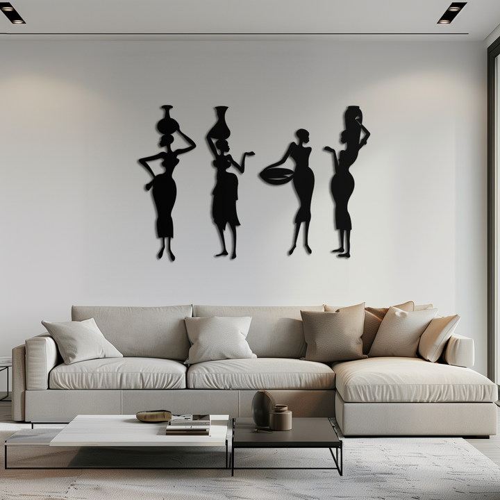 Black Metal African Women Tribal Silhouette Wall Art Four Piece
