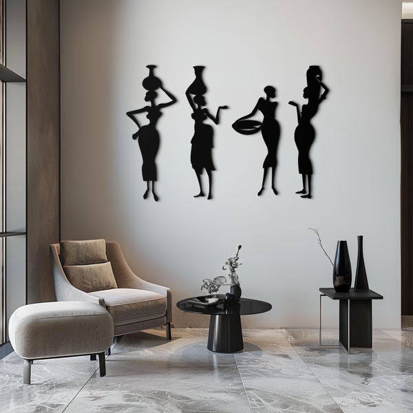 Black Metal African Women Tribal Silhouette Wall Art Four Piece