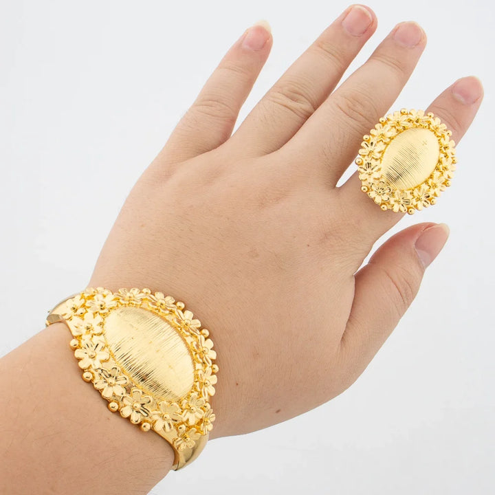 Leopard Design Bangle and Ring Jewelry Set Gold Plated African Bracelet Adjustable Ring Weddings Bridal Jewelry Accessories