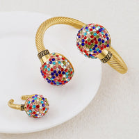 Gold Color Cuff Bracelet and Ring for Dubai African Women Blue Stone Hand Bangle Finger Ring Jewelry Set Wedding Bride Wife Gift