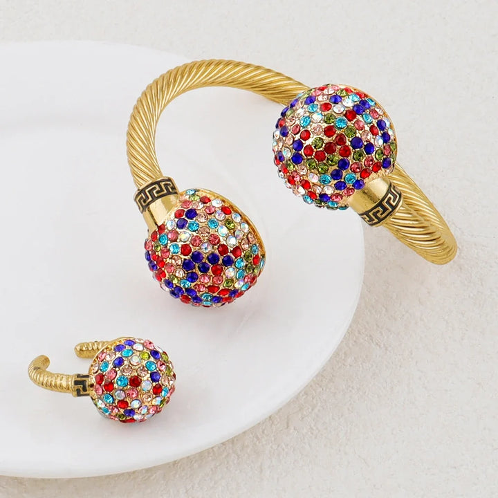 Gold Color Cuff Bracelet and Ring for Dubai African Women Blue Stone Hand Bangle Finger Ring Jewelry Set Wedding Bride Wife Gift