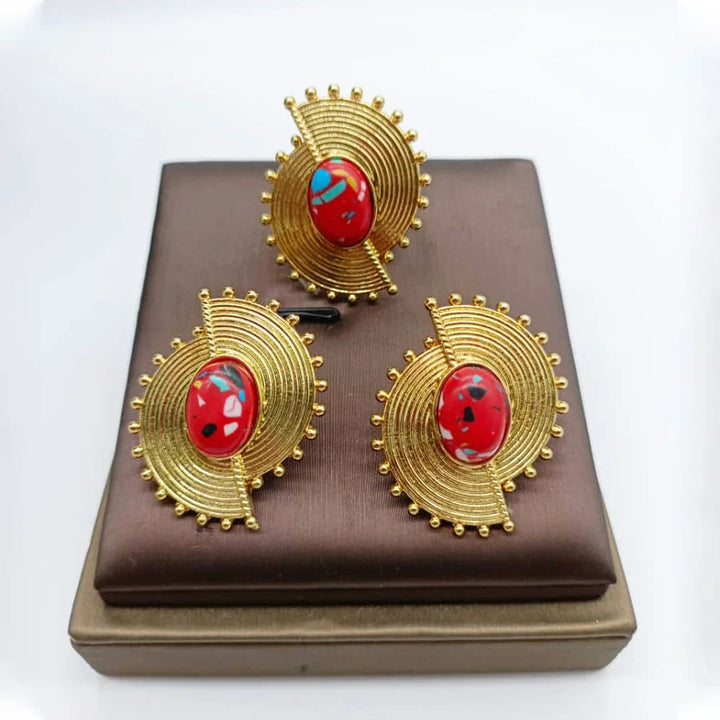 African Jewelry Set for Women Spiral Shape New Fashion Purpuse Stone Earrings Finger Ring Dubai Indian Luxury Gold Color Jewelry