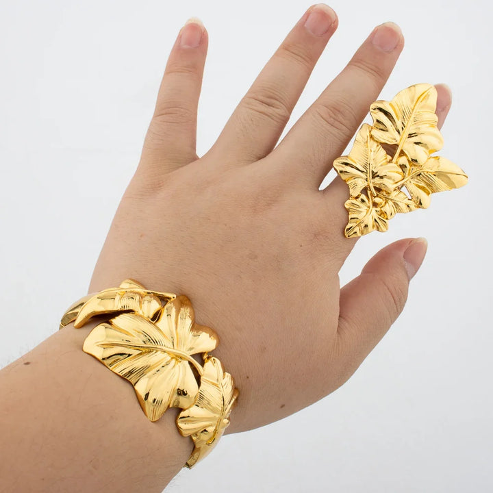 Leopard Design Bangle and Ring Jewelry Set Gold Plated African Bracelet Adjustable Ring Weddings Bridal Jewelry Accessories
