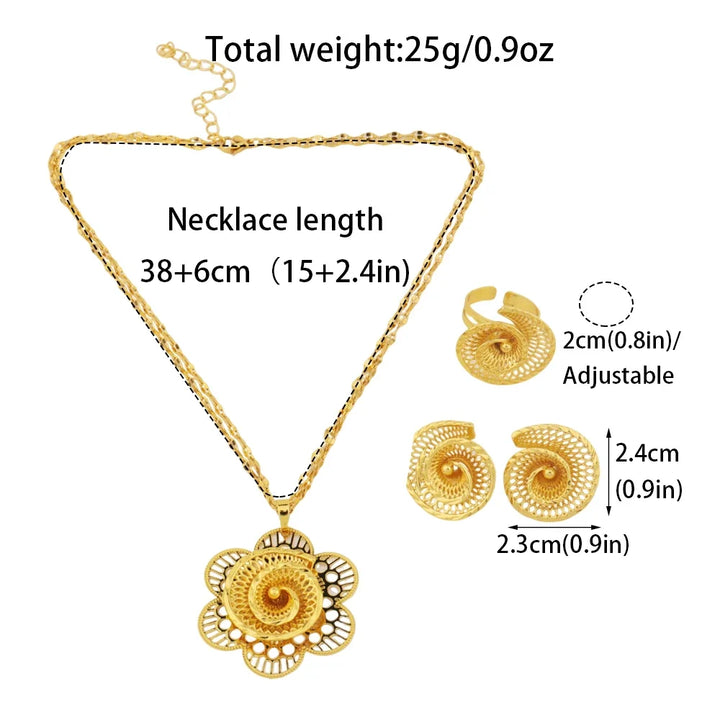 African Gold Color Women Necklace and Earrings Trend Dubai Flower Hollow Out Jewelry Set Gift For Party Wedding Daily Accessorie