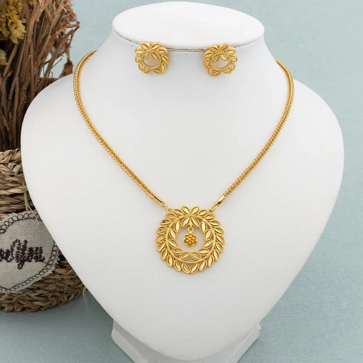 Round Jewelry Set Design for Women African Hot Sale Copper Hoop Earrings Flower Necklace Gold Plated Pendant Party Wedding Gifts