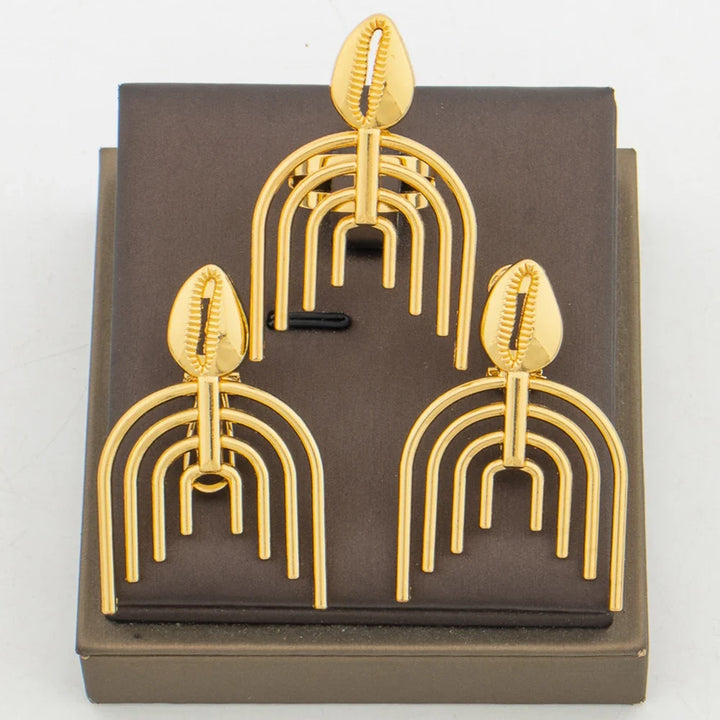 New Design Gold Color Earrings with Ring Jewelry Set for Party African Clip Earrings and Cocktail Ring 2Pcs Set for Weddings