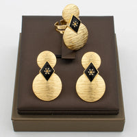 Luxury Tassel Earrings with Ring Set for Dubai African Gold Color and Black Color Matching Jewelry Set Square Design Earrings