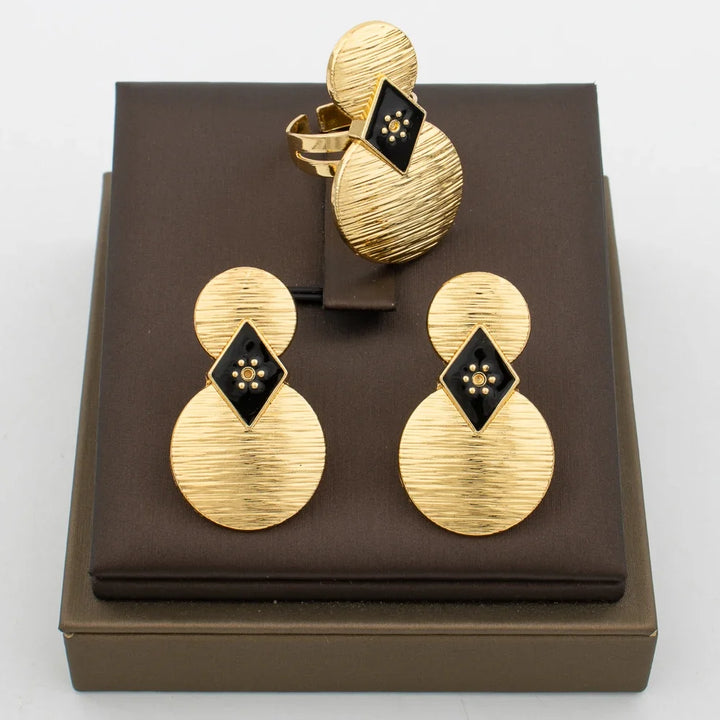 Luxury Tassel Earrings with Ring Set for Dubai African Gold Color and Black Color Matching Jewelry Set Square Design Earrings