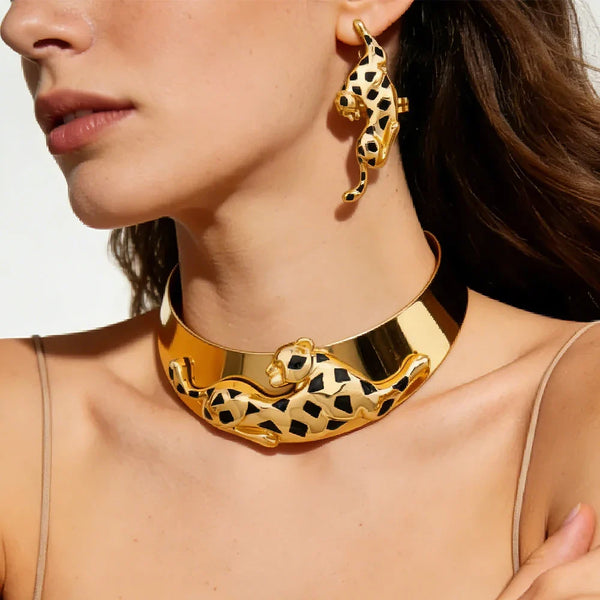 Woman Jewelry Set African Fashion Leopard Necklace Earrings 18K Gold Plated Animal Shape Bracelet Ring Copper Dubai Jewelry Gift