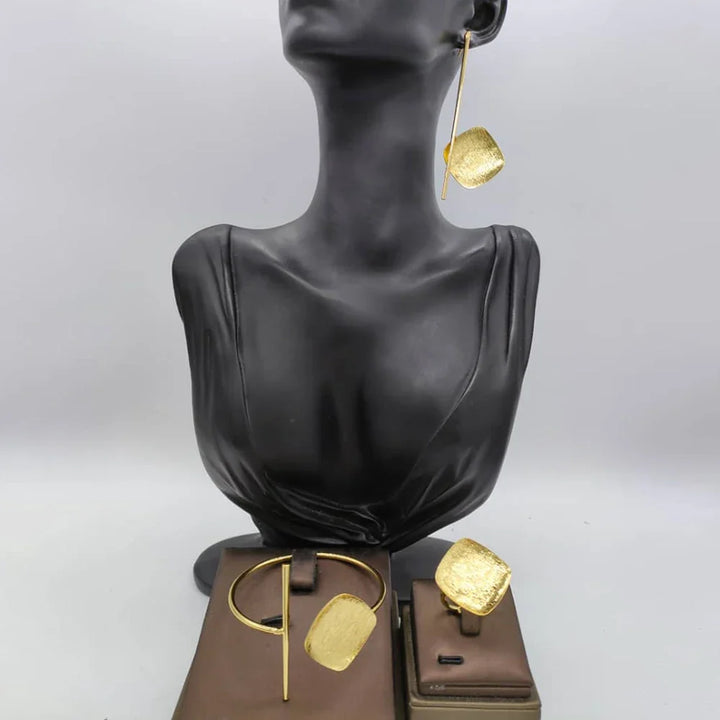 Dubai Gold Plated Earrings and Ring Jewelry Set for Party Dangle Earrings and Cuff Bangle Ring Set for African Jewellery Gifts