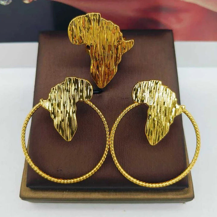 Earrings and Ring Jewelry Set for Women African 18k Gold Color Earrings with Finger Ring 2Pcs Set for Party Ethiopia Daily Wear