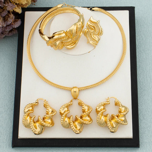 African Jewelry Set 18K Gold Plated Women Big Bold Design Earrings Pendant Wedding Bridal Fashion Necklace Bracelet Ring Gift