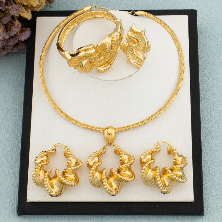 African Jewelry Set 18K Gold Plated Women Big Bold Design Earrings Pendant Wedding Bridal Fashion Necklace Bracelet Ring Gift
