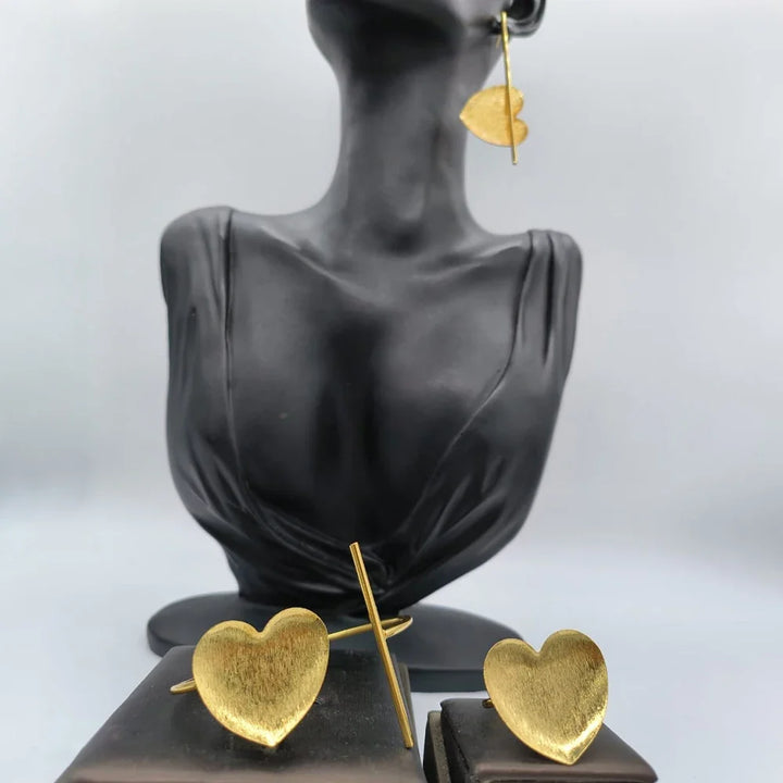 Dubai Gold Plated Earrings and Ring Jewelry Set for Party Dangle Earrings and Cuff Bangle Ring Set for African Jewellery Gifts