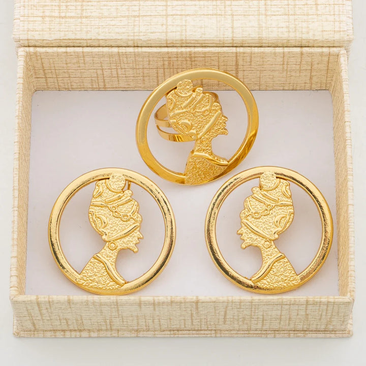 Earrings with Ring Jewelry Set for African 18k Gold Color Clip Earrings Finger Ring 2Pcs Set with Gift Box Luxury Jewelry Bride