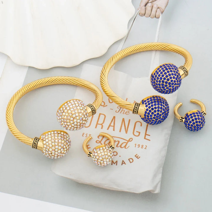 Gold Color Cuff Bracelet and Ring for Dubai African Women Blue Stone Hand Bangle Finger Ring Jewelry Set Wedding Bride Wife Gift